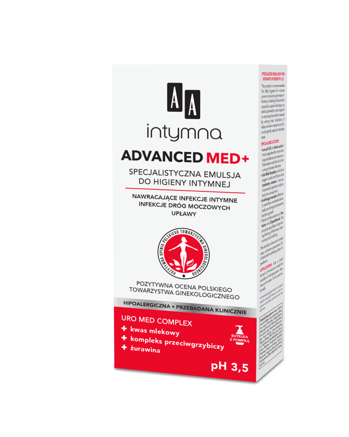 Advanced med+, specjalistyczna emulsja do higieny intymnej nawracające infekcje intymne infekcje dróg moczowych upławy ph 3.5 picture
